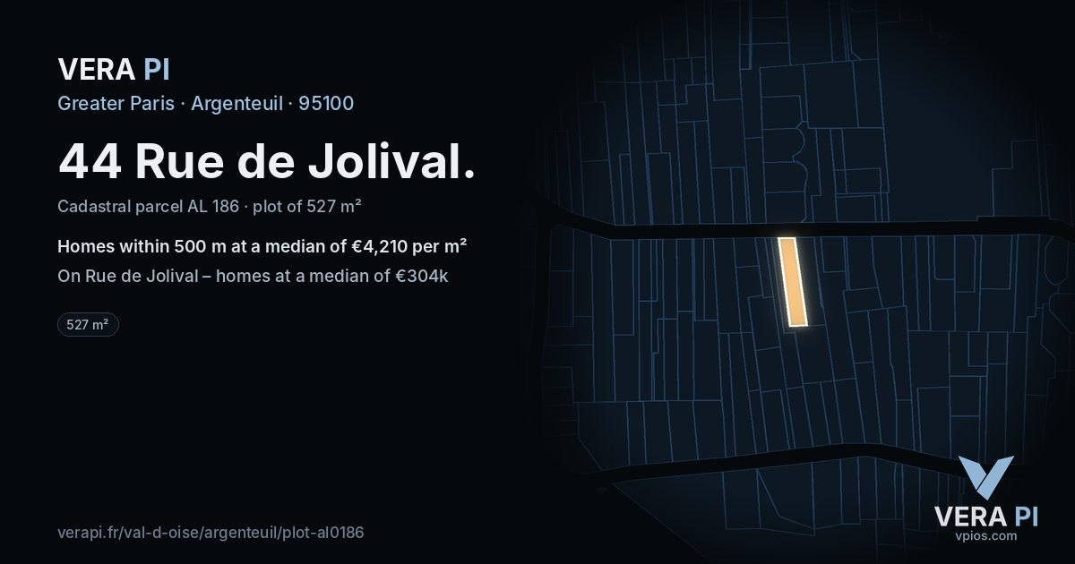 44 Rue de Jolival, Argenteuil at night – the plot lit, the parcels around coloured by the prices near them