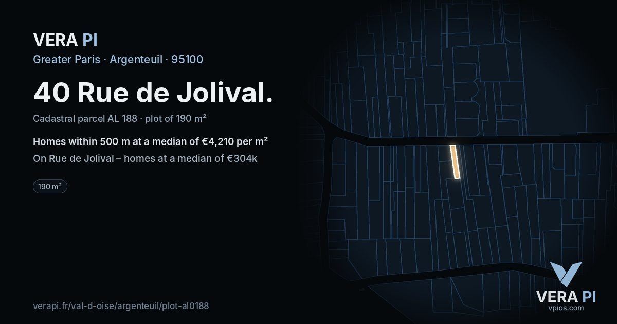 40 Rue de Jolival, Argenteuil at night – the plot lit, the parcels around coloured by the prices near them