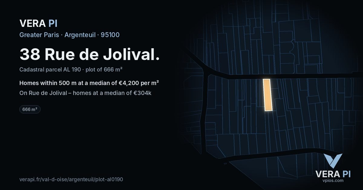38 Rue de Jolival, Argenteuil at night – the plot lit, the parcels around coloured by the prices near them