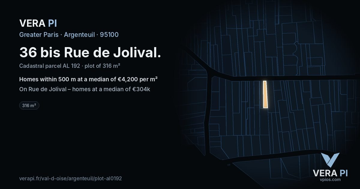 36 bis Rue de Jolival, Argenteuil at night – the plot lit, the parcels around coloured by the prices near them