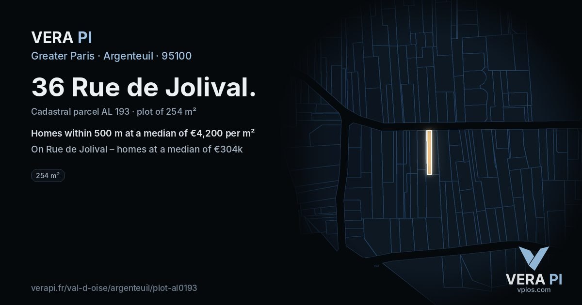 36 Rue de Jolival, Argenteuil at night – the plot lit, the parcels around coloured by the prices near them