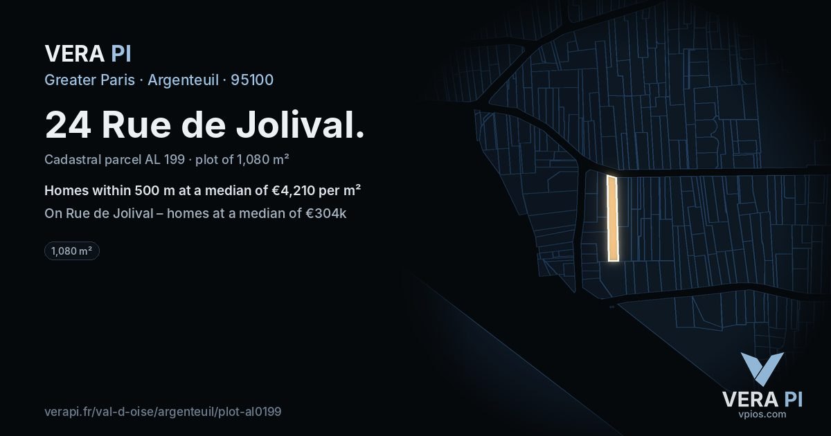 24 Rue de Jolival, Argenteuil at night – the plot lit, the parcels around coloured by the prices near them