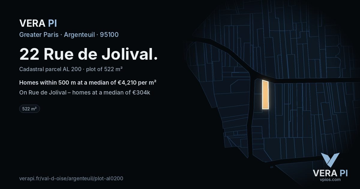 22 Rue de Jolival, Argenteuil at night – the plot lit, the parcels around coloured by the prices near them