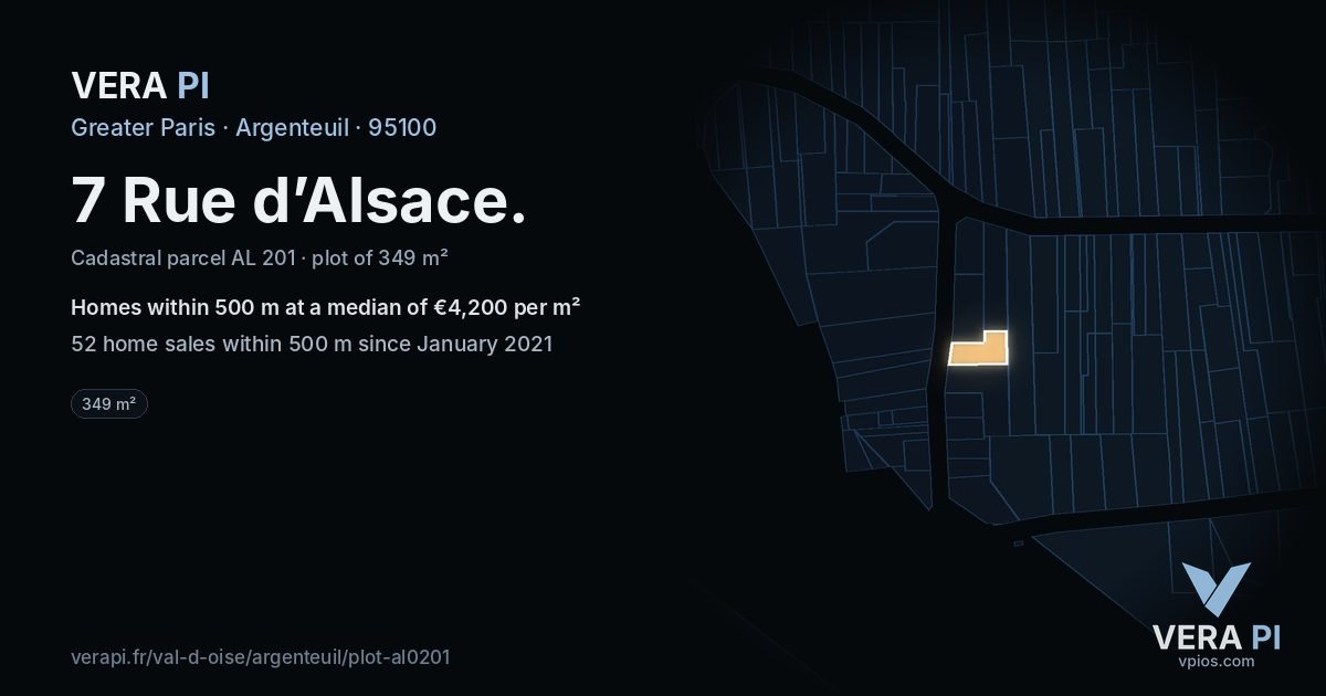 7 Rue d’Alsace, Argenteuil at night – the plot lit, the parcels around coloured by the prices near them