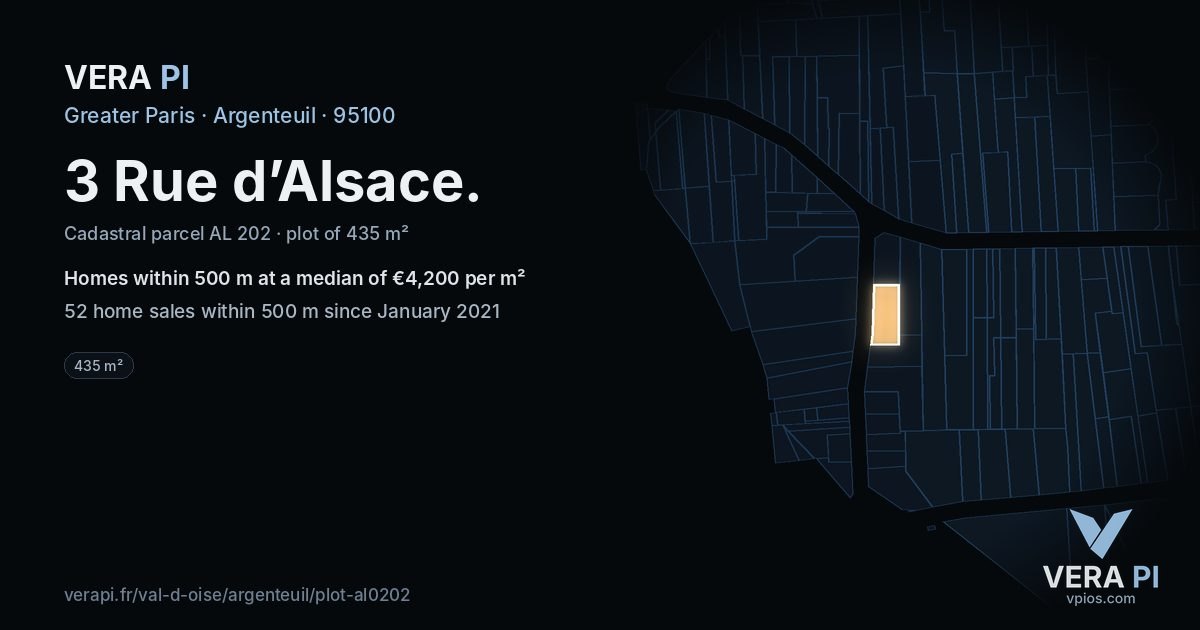 3 Rue d’Alsace, Argenteuil at night – the plot lit, the parcels around coloured by the prices near them