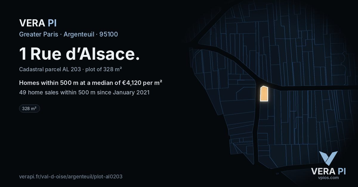 1 Rue d’Alsace, Argenteuil at night – the plot lit, the parcels around coloured by the prices near them