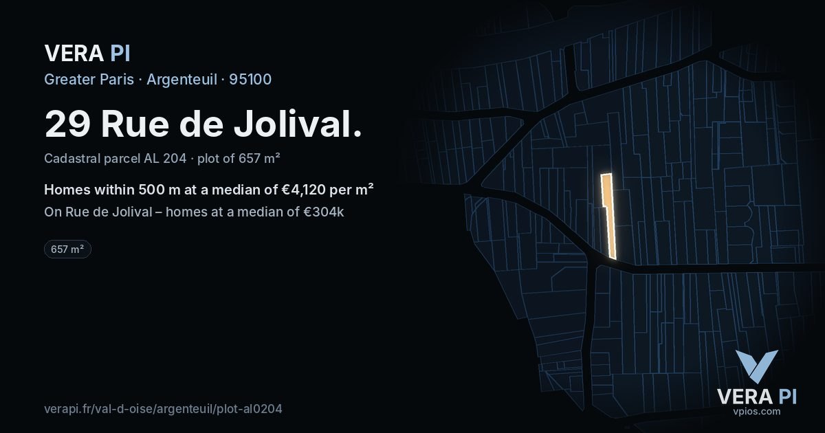 29 Rue de Jolival, Argenteuil at night – the plot lit, the parcels around coloured by the prices near them