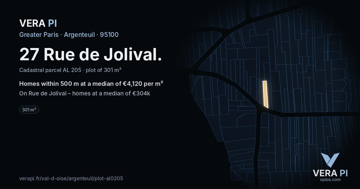 27 Rue de Jolival, Argenteuil at night – the plot lit, the parcels around coloured by the prices near them