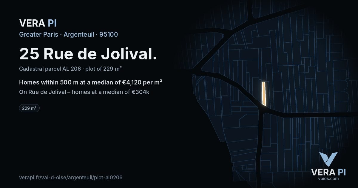 25 Rue de Jolival, Argenteuil at night – the plot lit, the parcels around coloured by the prices near them