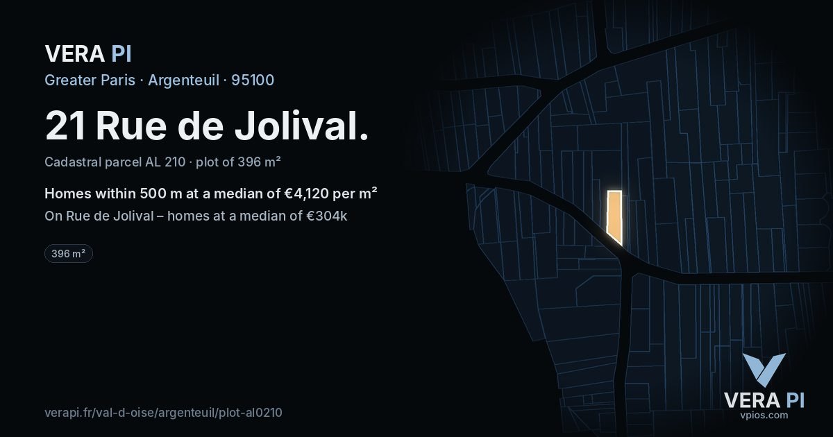 21 Rue de Jolival, Argenteuil at night – the plot lit, the parcels around coloured by the prices near them