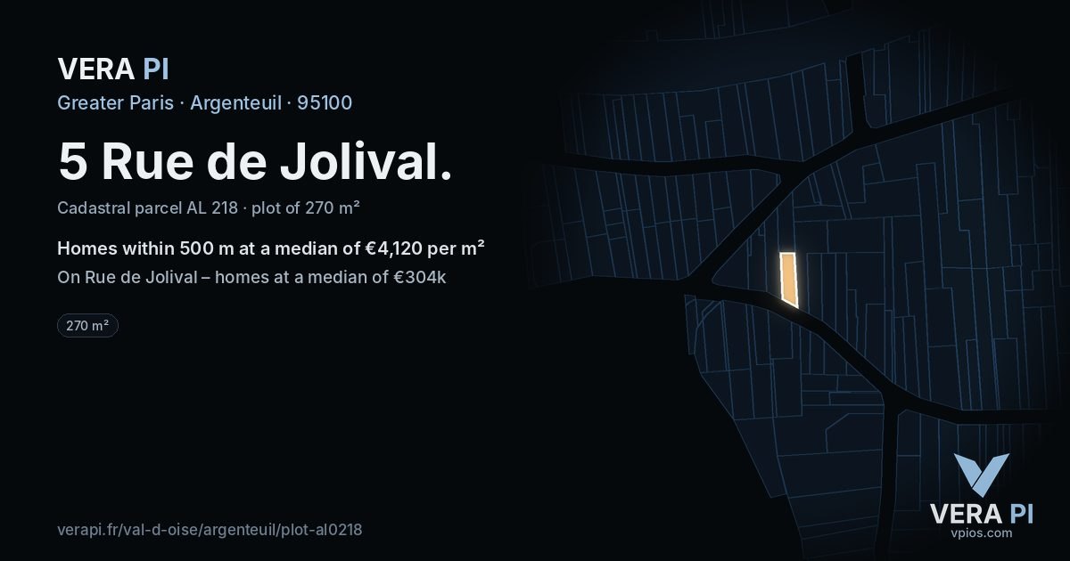 5 Rue de Jolival, Argenteuil at night – the plot lit, the parcels around coloured by the prices near them