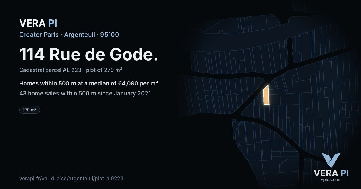 114 Rue de Gode, Argenteuil at night – the plot lit, the parcels around coloured by the prices near them