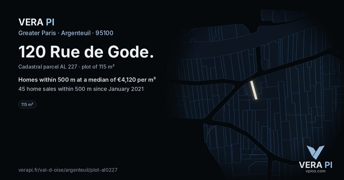 120 Rue de Gode, Argenteuil at night – the plot lit, the parcels around coloured by the prices near them