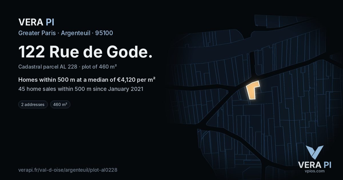 122 Rue de Gode, Argenteuil at night – the plot lit, the parcels around coloured by the prices near them