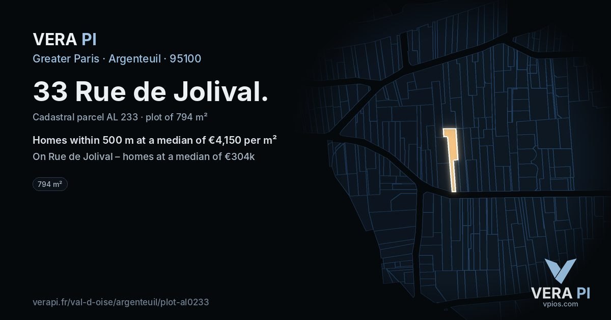 33 Rue de Jolival, Argenteuil at night – the plot lit, the parcels around coloured by the prices near them