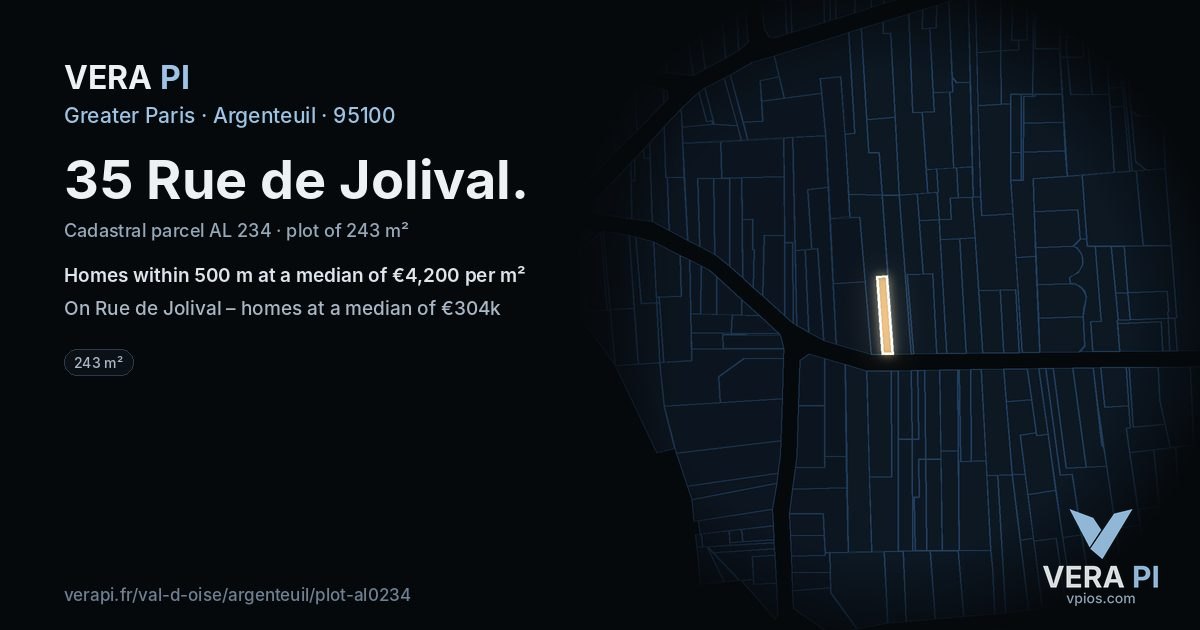 35 Rue de Jolival, Argenteuil at night – the plot lit, the parcels around coloured by the prices near them