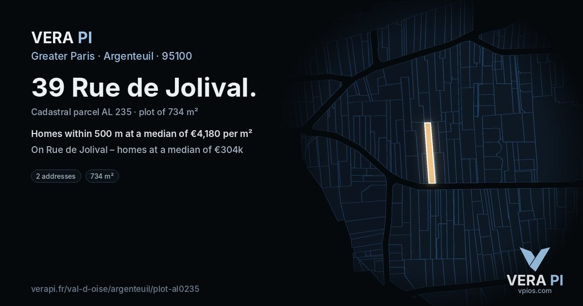 39 Rue de Jolival, Argenteuil at night – the plot lit, the parcels around coloured by the prices near them