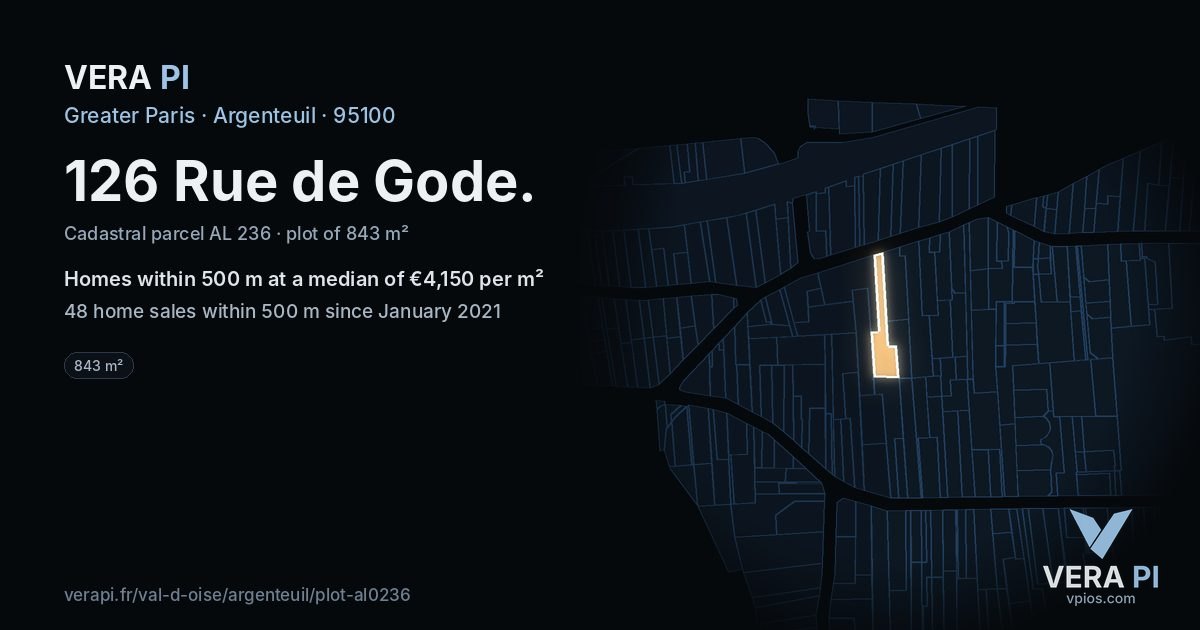 126 Rue de Gode, Argenteuil at night – the plot lit, the parcels around coloured by the prices near them