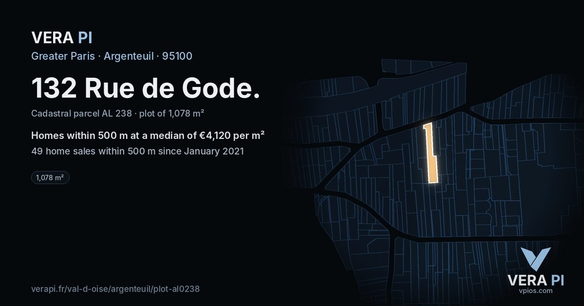 132 Rue de Gode, Argenteuil at night – the plot lit, the parcels around coloured by the prices near them