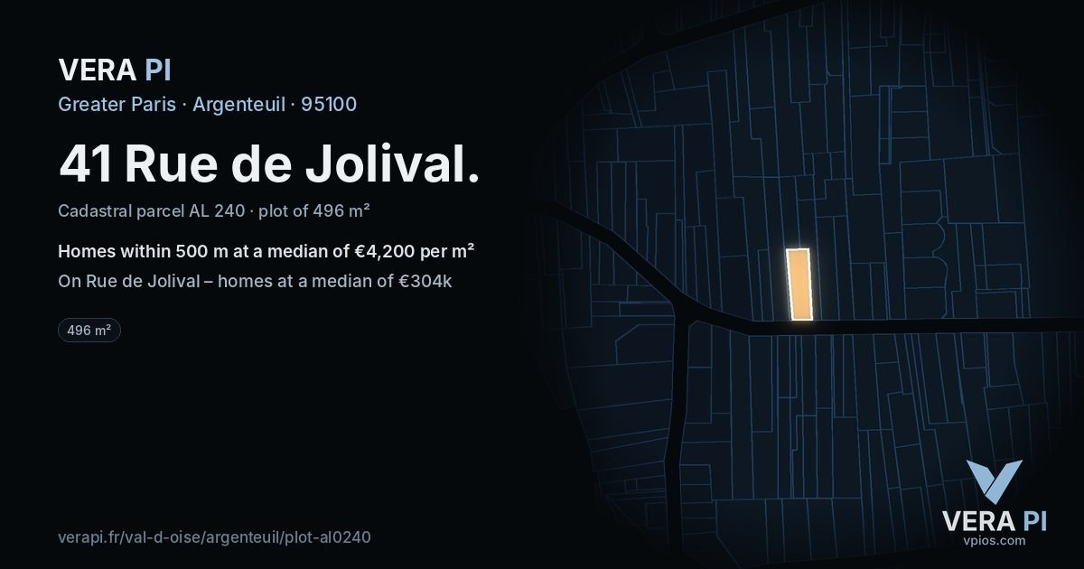 41 Rue de Jolival, Argenteuil at night – the plot lit, the parcels around coloured by the prices near them