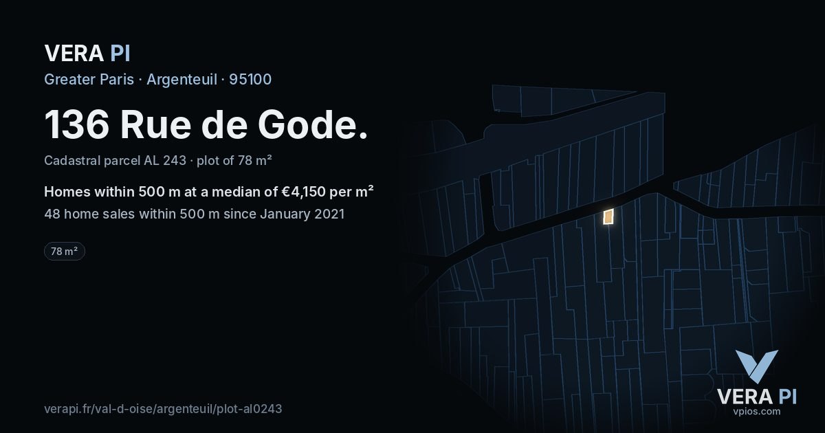 136 Rue de Gode, Argenteuil at night – the plot lit, the parcels around coloured by the prices near them