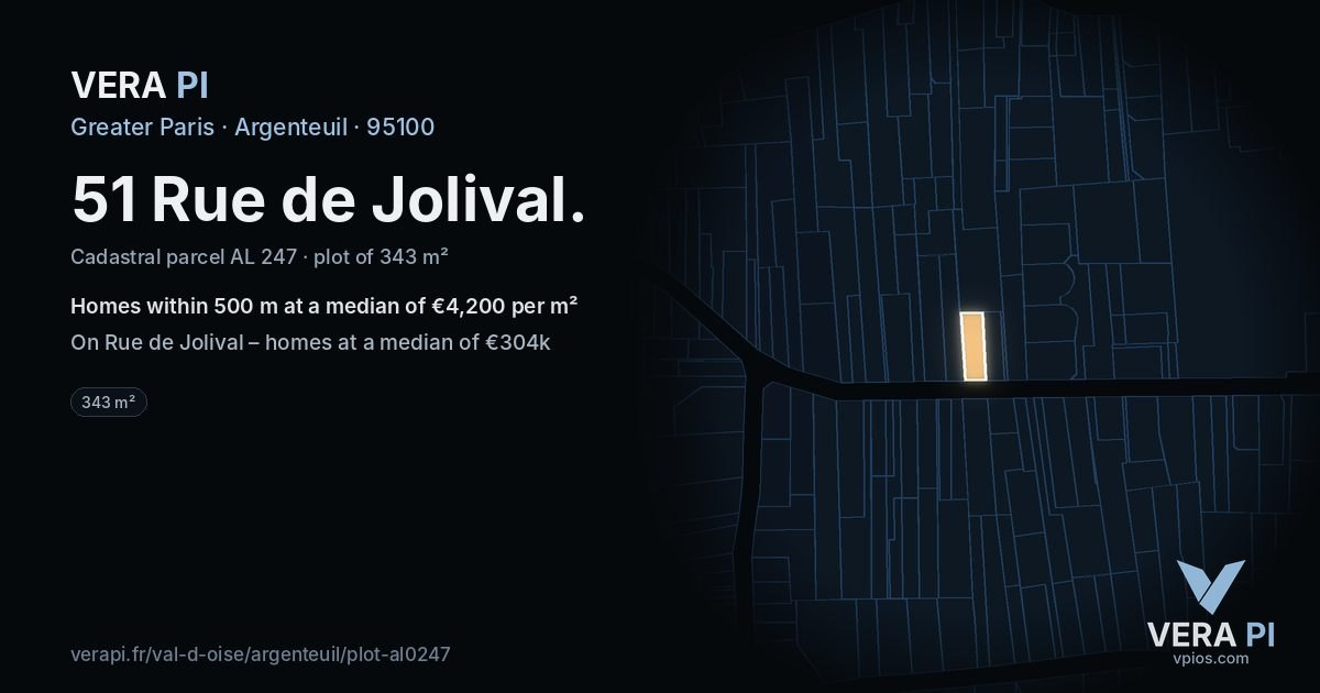 51 Rue de Jolival, Argenteuil at night – the plot lit, the parcels around coloured by the prices near them