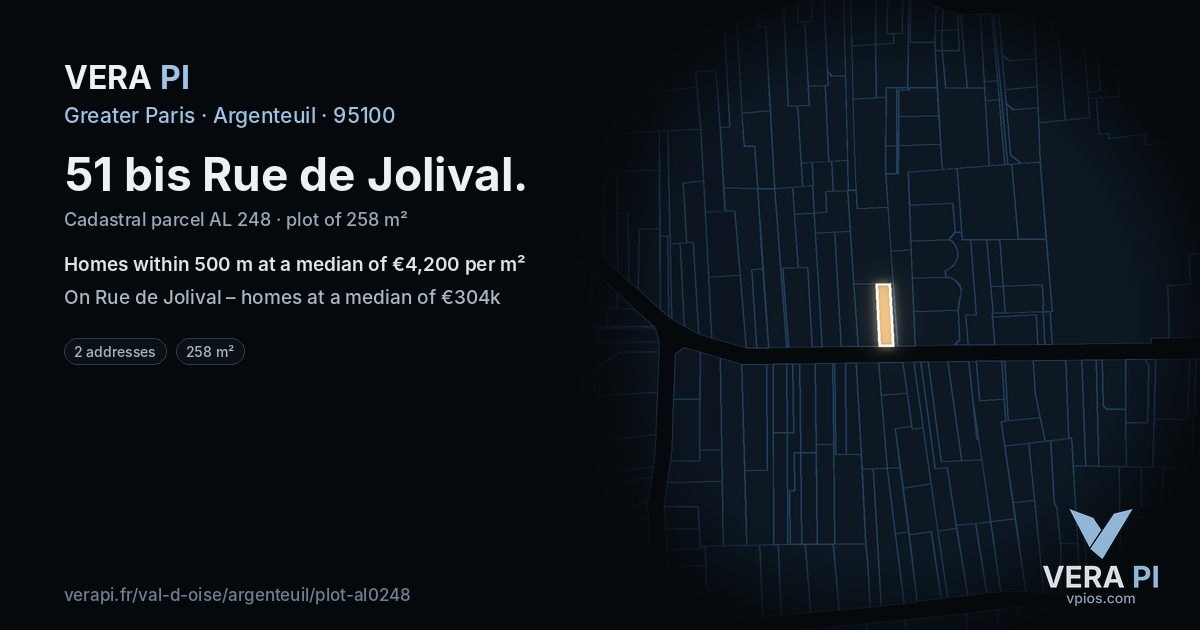 51 bis Rue de Jolival, Argenteuil at night – the plot lit, the parcels around coloured by the prices near them