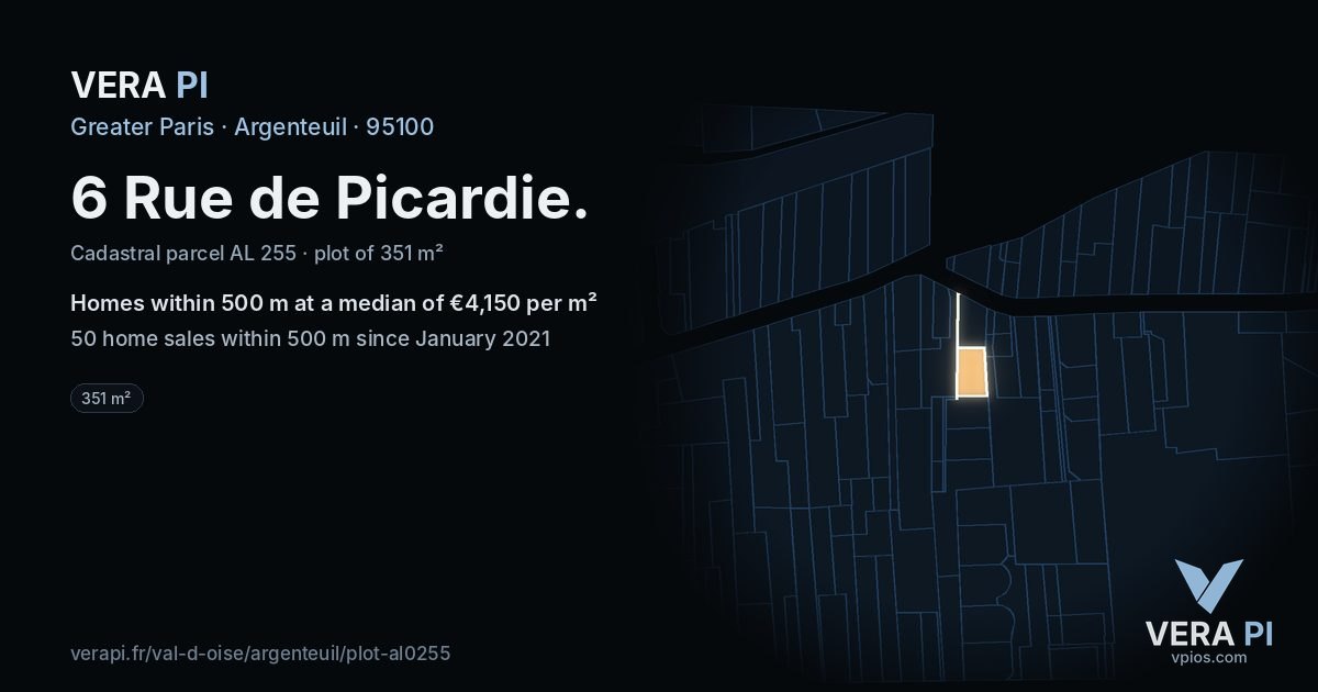 6 Rue de Picardie, Argenteuil at night – the plot lit, the parcels around coloured by the prices near them