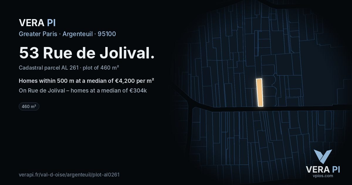 53 Rue de Jolival, Argenteuil at night – the plot lit, the parcels around coloured by the prices near them