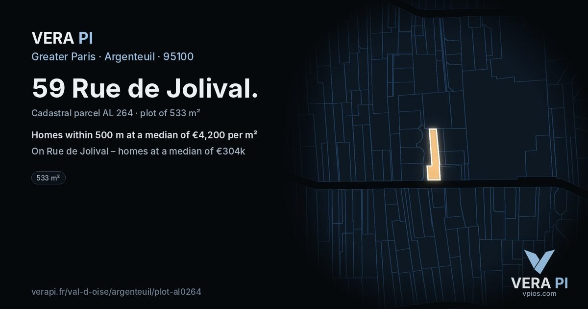 59 Rue de Jolival, Argenteuil at night – the plot lit, the parcels around coloured by the prices near them