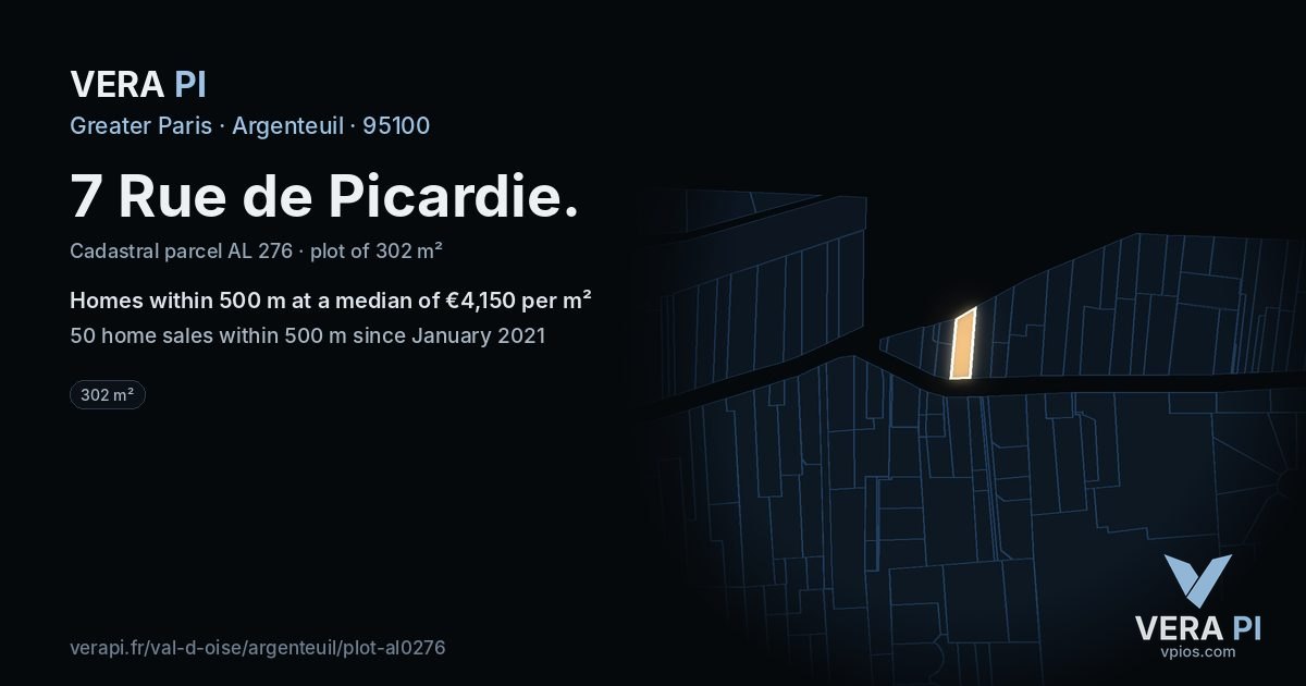 7 Rue de Picardie, Argenteuil at night – the plot lit, the parcels around coloured by the prices near them