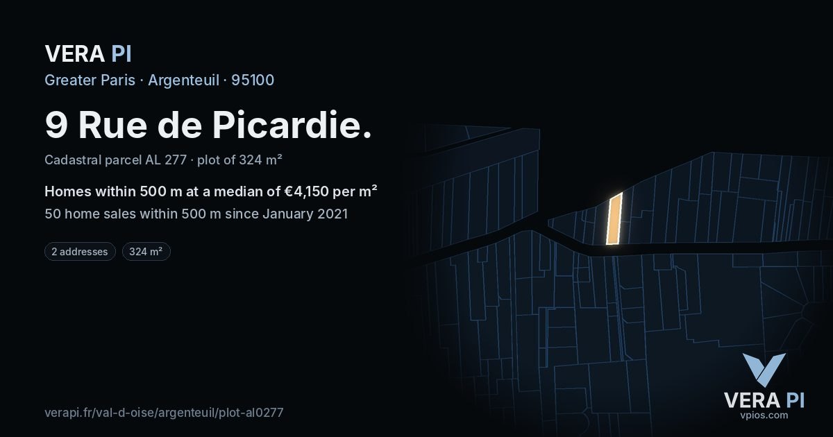 9 Rue de Picardie, Argenteuil at night – the plot lit, the parcels around coloured by the prices near them