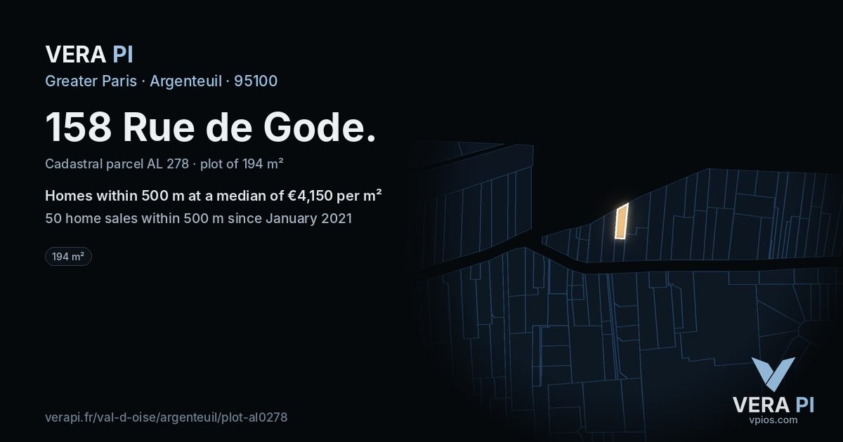158 Rue de Gode, Argenteuil at night – the plot lit, the parcels around coloured by the prices near them