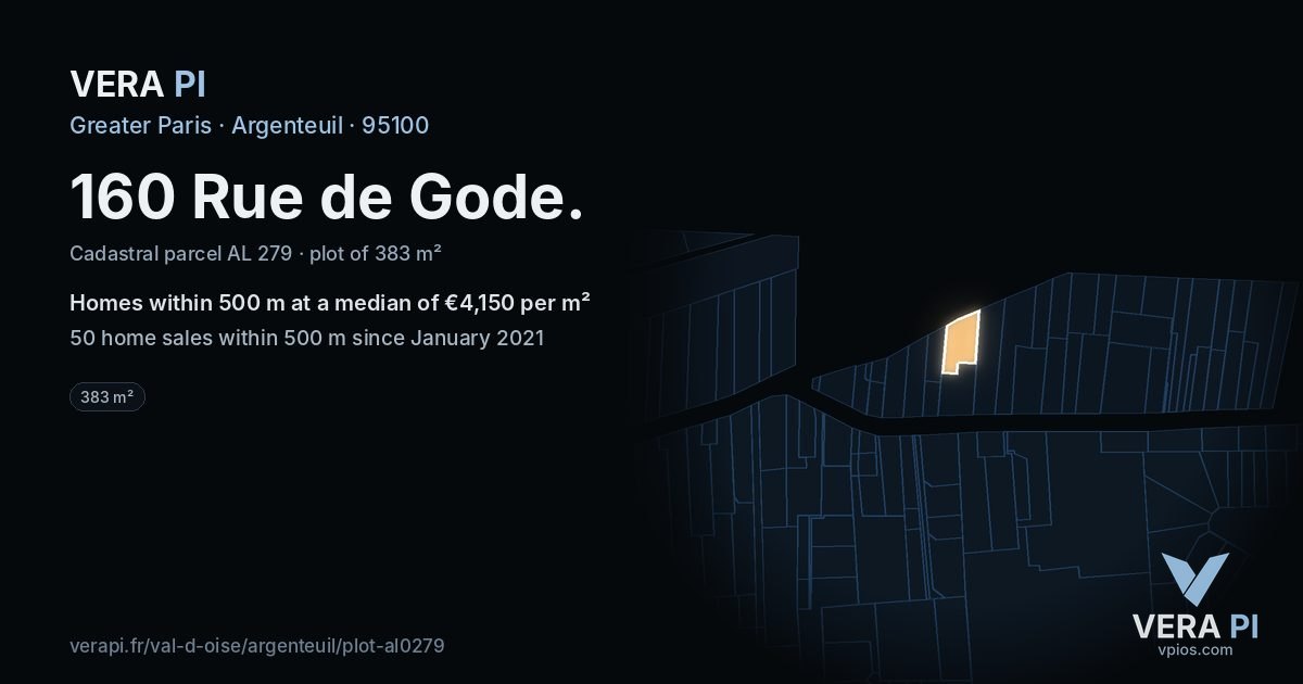 160 Rue de Gode, Argenteuil at night – the plot lit, the parcels around coloured by the prices near them