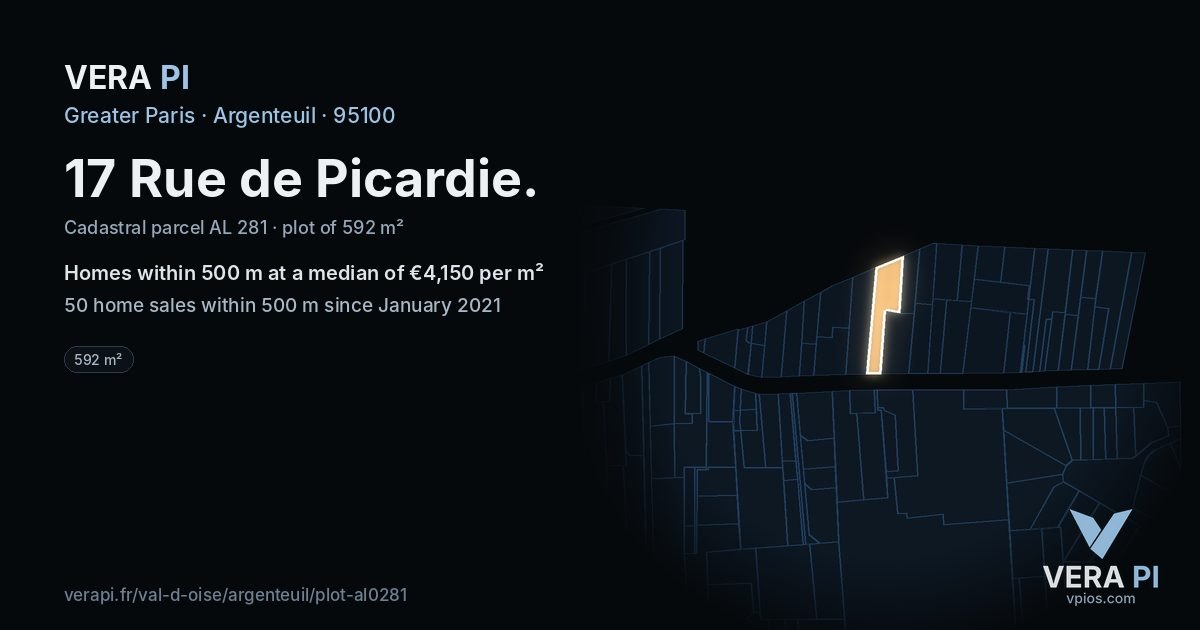 17 Rue de Picardie, Argenteuil at night – the plot lit, the parcels around coloured by the prices near them