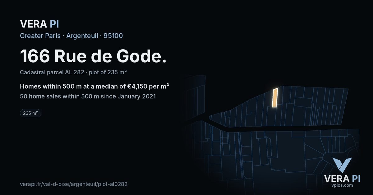 166 Rue de Gode, Argenteuil at night – the plot lit, the parcels around coloured by the prices near them