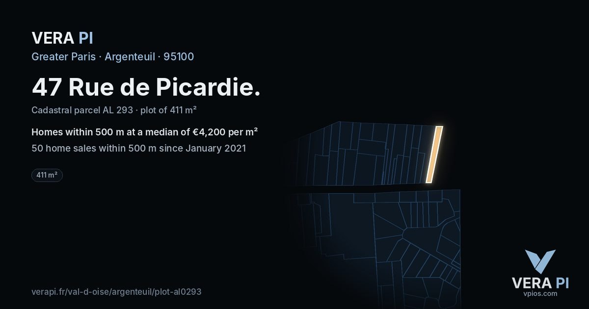 47 Rue de Picardie, Argenteuil at night – the plot lit, the parcels around coloured by the prices near them