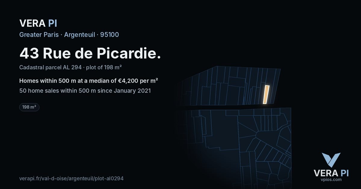 43 Rue de Picardie, Argenteuil at night – the plot lit, the parcels around coloured by the prices near them