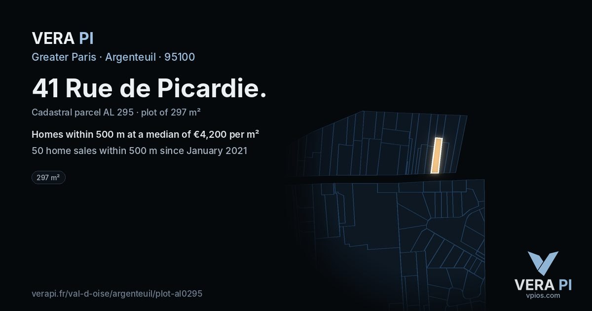 41 Rue de Picardie, Argenteuil at night – the plot lit, the parcels around coloured by the prices near them