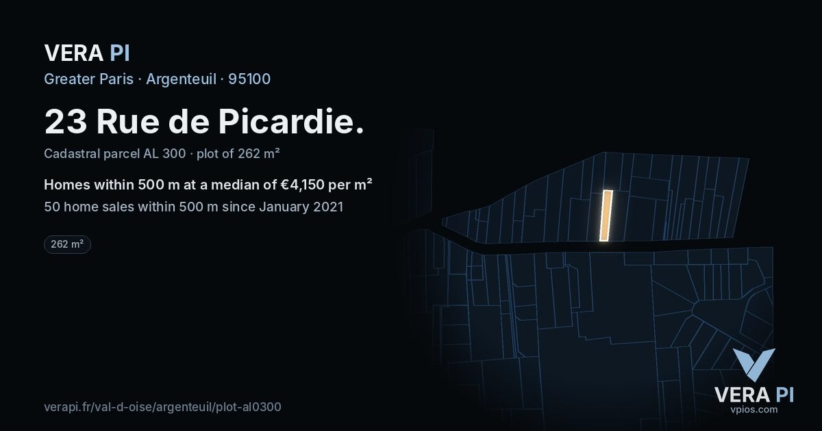 23 Rue de Picardie, Argenteuil at night – the plot lit, the parcels around coloured by the prices near them