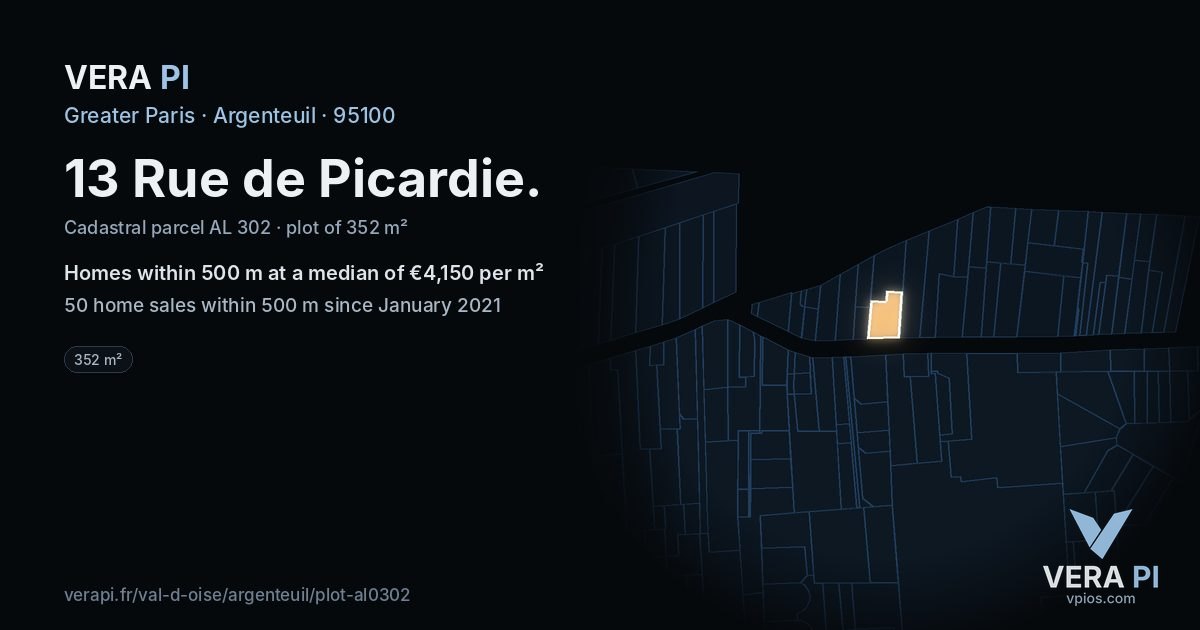 13 Rue de Picardie, Argenteuil at night – the plot lit, the parcels around coloured by the prices near them
