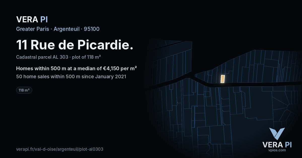 11 Rue de Picardie, Argenteuil at night – the plot lit, the parcels around coloured by the prices near them
