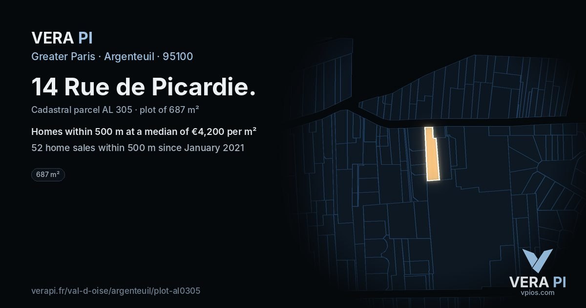 14 Rue de Picardie, Argenteuil at night – the plot lit, the parcels around coloured by the prices near them
