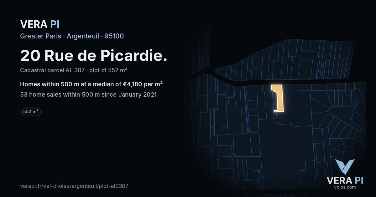 20 Rue de Picardie, Argenteuil at night – the plot lit, the parcels around coloured by the prices near them