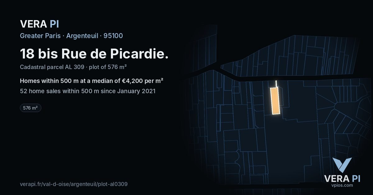 18 bis Rue de Picardie, Argenteuil at night – the plot lit, the parcels around coloured by the prices near them