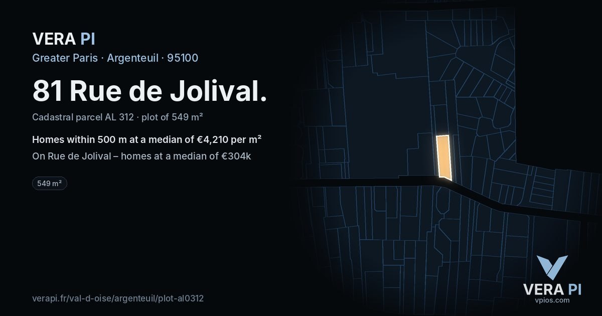 81 Rue de Jolival, Argenteuil at night – the plot lit, the parcels around coloured by the prices near them