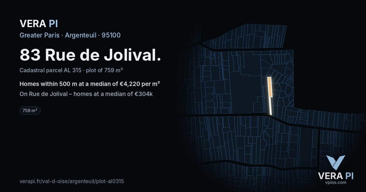 83 Rue de Jolival, Argenteuil at night – the plot lit, the parcels around coloured by the prices near them