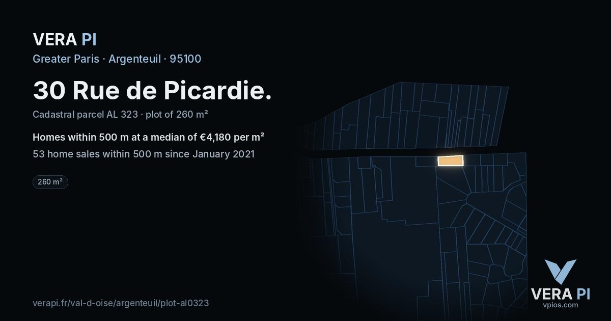 30 Rue de Picardie, Argenteuil at night – the plot lit, the parcels around coloured by the prices near them