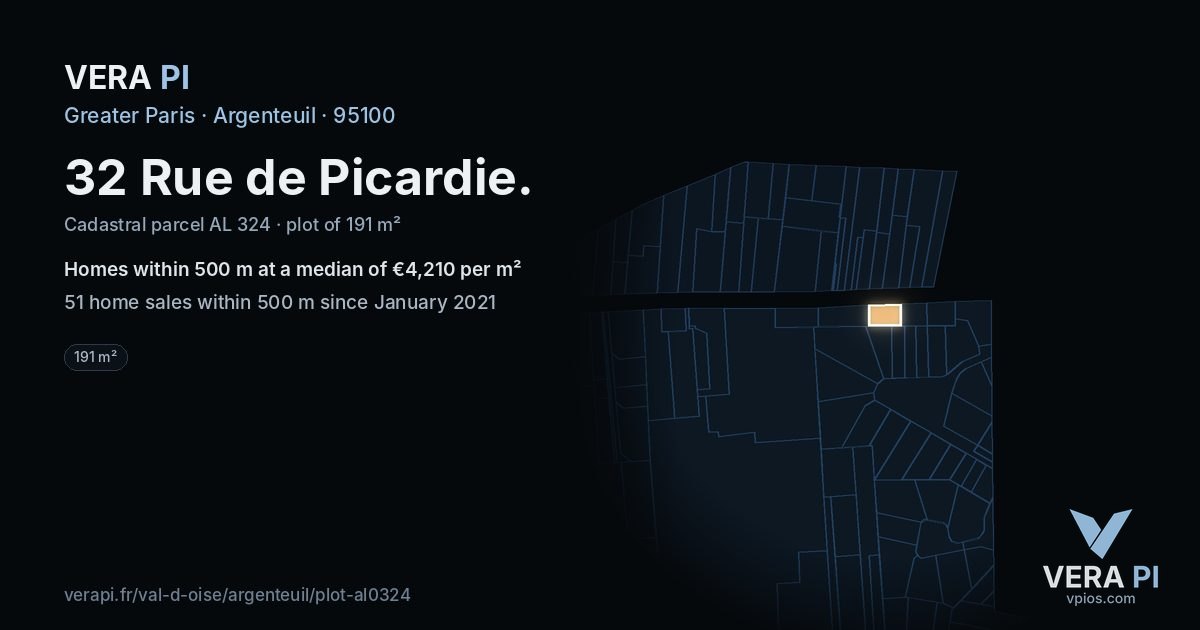 32 Rue de Picardie, Argenteuil at night – the plot lit, the parcels around coloured by the prices near them