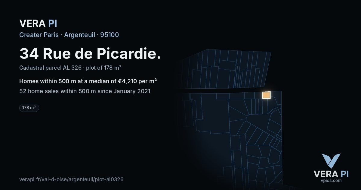 34 Rue de Picardie, Argenteuil at night – the plot lit, the parcels around coloured by the prices near them